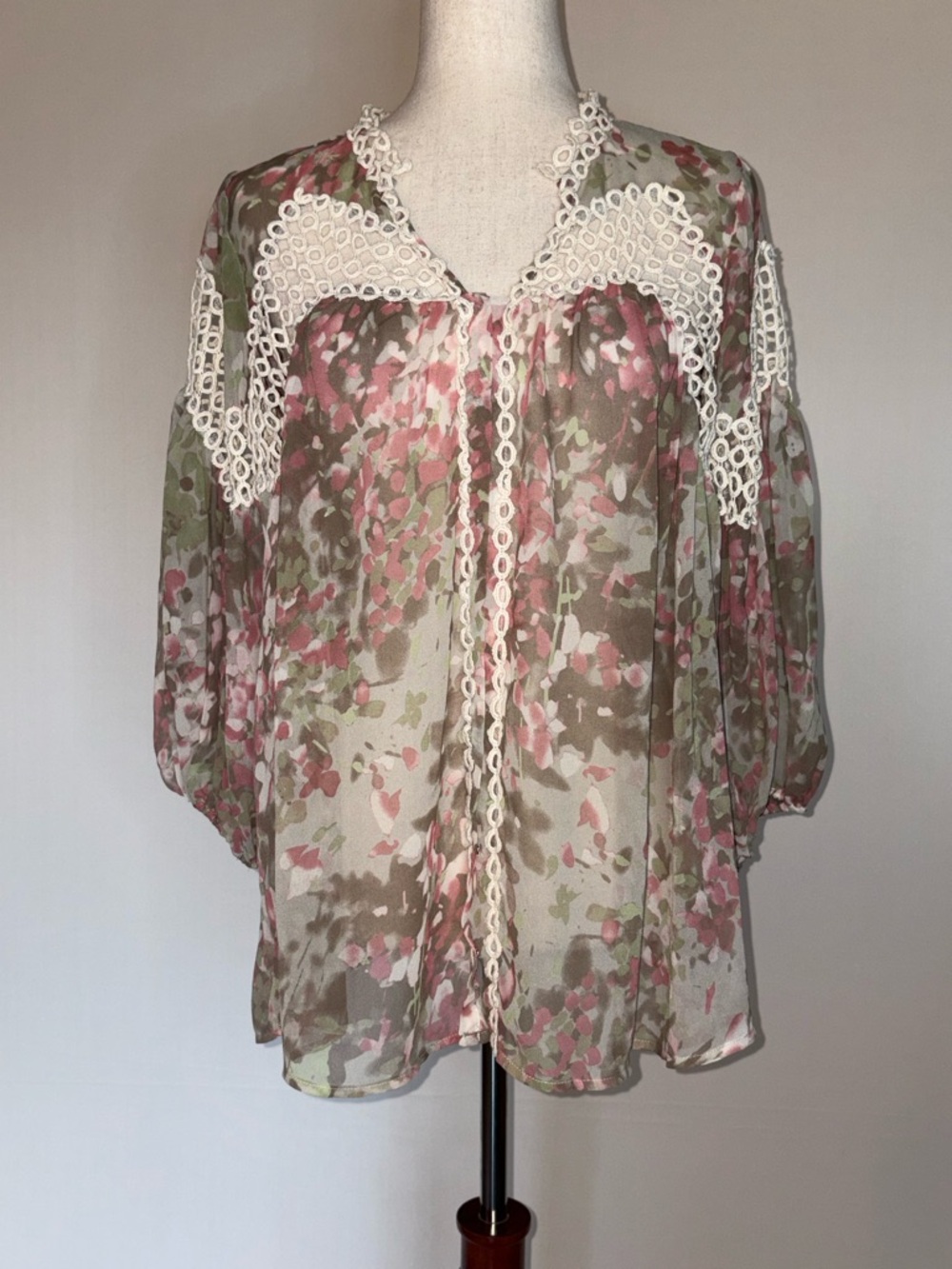 Ark & Co. Bohemian Sheer Floral Crochet-Trim Peasant Blouse Size S
